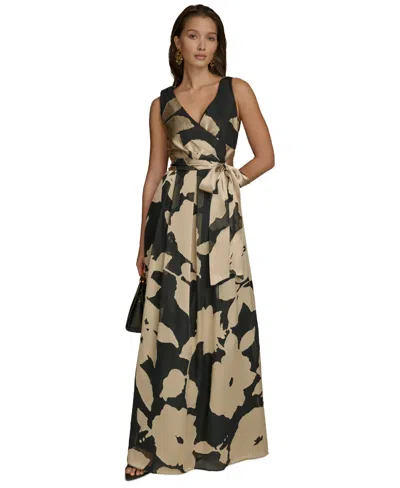 Donna Karan Women's Printed Sleeveless Tie-waist Gown In Black,sand Multi