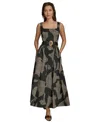Donna Karan New York Sleeveless Floral Stretch Cotton Midi Dress With Pockets In Black