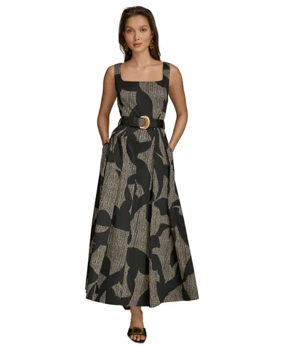 Donna Karan Women's Printed Square-neck Belted Dress In Black,sand