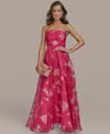Donna Karan Floral Strapless Gown In Hot Fuchsia,ivory