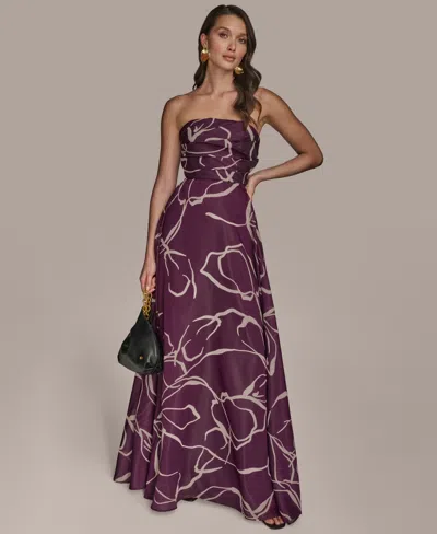 DONNA KARAN WOMEN'S PRINTED RUCHED ORGANZA STRAPLESS GOWN