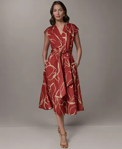 Donna Karan Women's Printed Tie Belt V-neck Midi Dress In Multi
