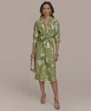 Donna Karan New York Print Tie Waist Linen Blend Midi Shirtdress In Green