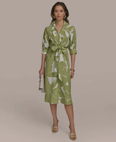 Donna Karan Women's Printed Tie-front A-line Linen Dress In Kiwi Cream