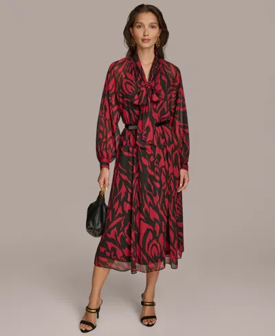Donna Karan Women's Printed Tie-neck A-line Dress In Red,black Multi