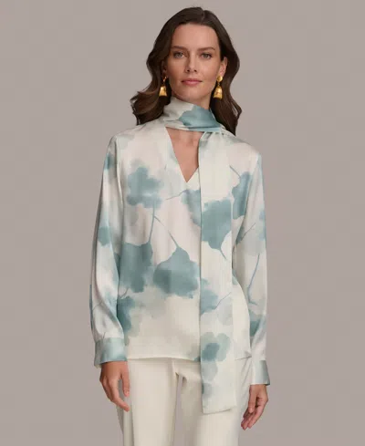 Donna Karan Women's Printed Tie-neck Long-sleeve Blouse In Blue Frost Multi