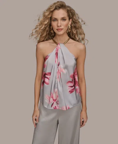 Donna Karan Women's Printed Twist Neck Coil Halter Top In Gray