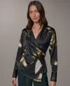 Donna Karan Printed Hardware Trim Side Ruched Blouse In Dk11773 Olive Brine Multi