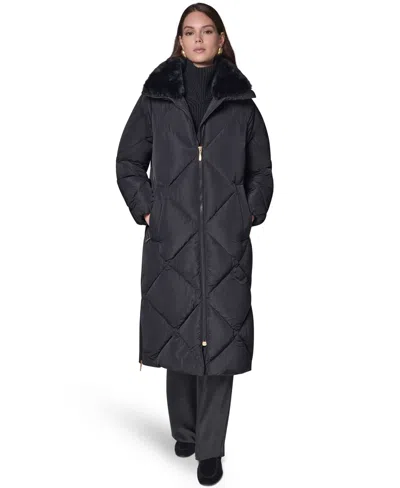 Donna Karan Women's Quilted Midi-length Faux Fur-trimmed Puffer Coat In Black