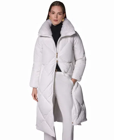 Donna Karan Women's Quilted Midi-length Faux Fur-trimmed Puffer Coat In White