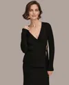 Donna Karan Women's Ribbed V-neck Long Sleeve Sweater In Black