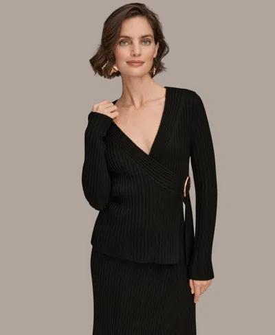 Donna Karan Women's Ribbed V-neck Long Sleeve Sweater In Black