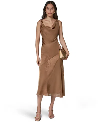 Donna Karan Satin Burnout Asymmetrical Neck Midi Dress In Brown