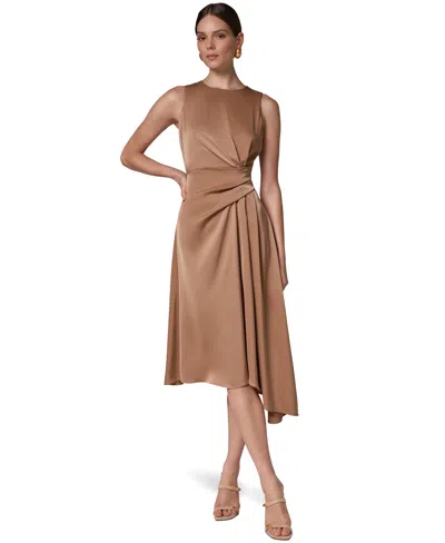 Donna Karan Women's Satin Draped-waist Asymmetric-hem Midi Dress In Brown