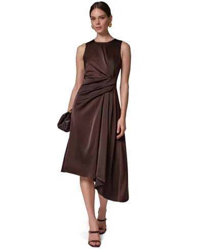 Donna Karan Women's Satin Draped-waist Asymmetric-hem Midi Dress In Brown