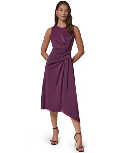 Donna Karan Women's Satin Draped-waist Asymmetric-hem Midi Dress In Burgundy