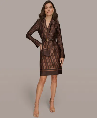 Donna Karan Geo Print Long Sleeve Satin Dress In Multi