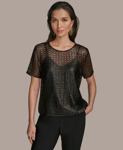 Donna Karan Women's Sequin Mesh Short-sleeve Top In Black