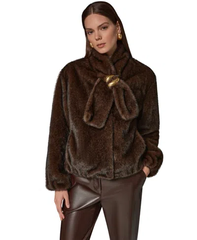 Donna Karan Women's Short Faux Fur Coat With Scarf In Brown