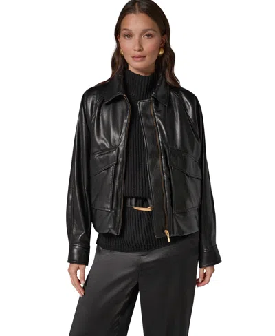 Donna Karan Womens Short Raglan Collared Faux Leather Jacket In Black
