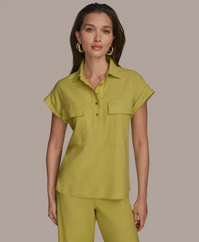 Donna Karan Women's Short Sleeve Linen-blend Collared Shirt