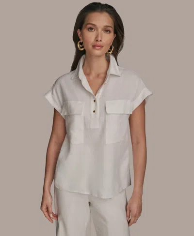 Donna Karan Women's Short Sleeve Linen-blend Collared Shirt