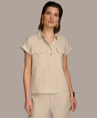 Donna Karan Women's Short-sleeve Linen-blend Collared Shirt In Sand