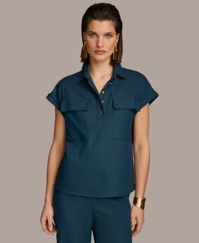 Donna Karan Women's Short-sleeve Linen-blend Collared Shirt In Tide Navy