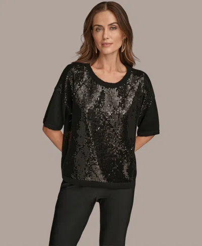 Donna Karan New York Short Sleeve Sequin Sweater In Animal Print