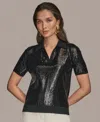 Donna Karan Women's Short-sleeve Sequined Knit Polo In Black