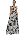 Donna Karan Women's Short Sleeve V-neck Floral Print Mikado Gown In Multi