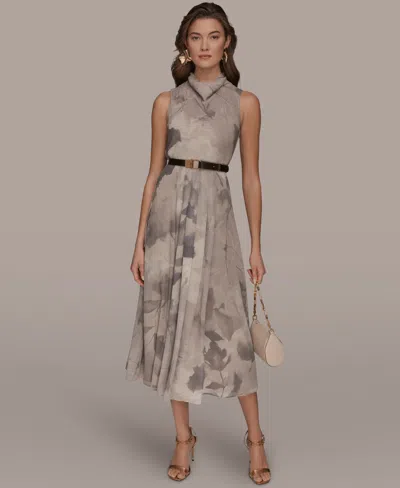 Donna Karan Women's Sleeveless Cowl Neck Floral Print Belted A-line Midi Dress In Gray