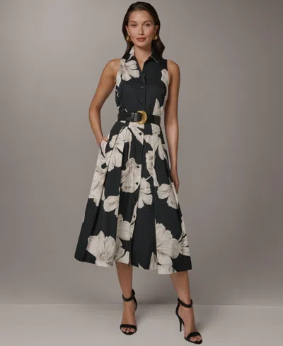 Donna Karan New York Floral Sleeveless Stretch Cotton Midi Shirtdress In Black