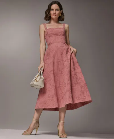 Donna Karan New York Embroidered Sleeveless Midi Dress In Brown