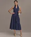 Donna Karan Linen Blend Halter A Line Dress In Blue