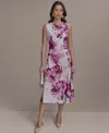 Donna Karan Floral Satin Gathered Waist Dress