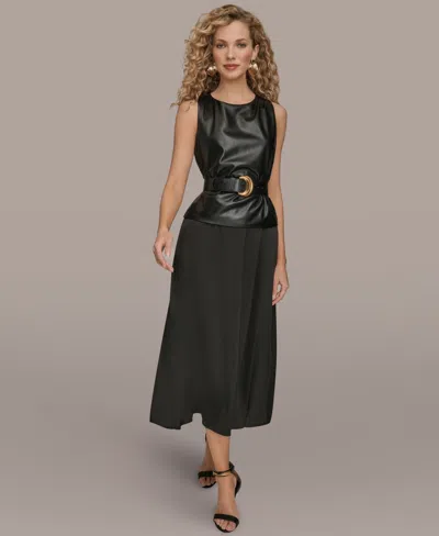 Donna Karan New York Faux Leather Sleeveless Belted Mixed Media Dress In Black