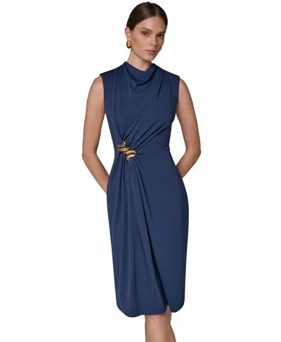 Donna Karan Women's Sleeveless Mock Neck Gathered Waist Midi Dress In Blue