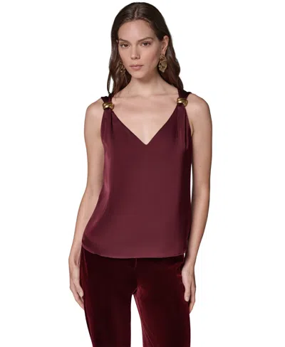 Donna Karan Women's Sleeveless V-neck Satin Blouse In Burgundy