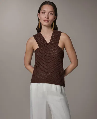 Donna Karan New York Metallic Open Stitch Sweater Tank In Brown