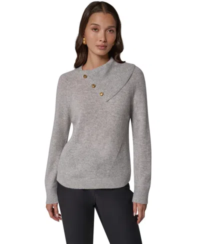 Donna Karan Women's Split Collar With Buttons Cashmere Pullover Sweater In Gray