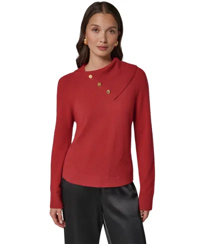 Donna Karan Women's Split Collar With Buttons Cashmere Pullover Sweater In Red