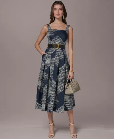 Donna Karan Women's Square Neck Fit & Flare Belted Maxi Dress In Multi