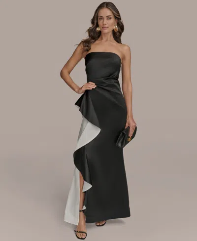 Donna Karan Women's Strapless Ruffl-trim Gown In Black,cream