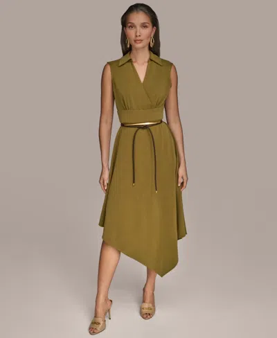 Donna Karan Women's Surplice Belted High-low A-line Dress In Green