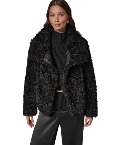 Donna Karan Women's Teddy Mock Neck Faux Fur Jacket In Black