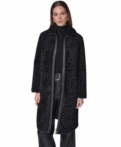 Donna Karan Women's Textured Faux Fur Zip Up Coat In Black