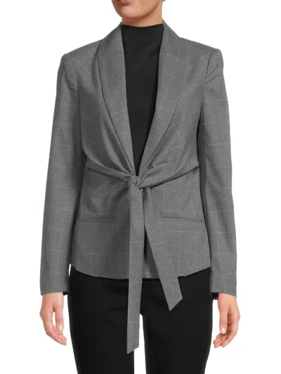 Donna Karan Women's Tie Front Plaid Blazer In Grey