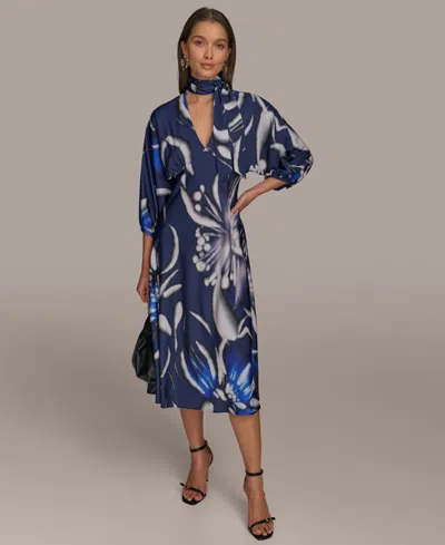 Donna Karan Women's Tie-neck A-line Midi Dress In Electric Blue Multi