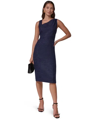 Donna Karan Women's Tweed Asymmetric Neck Midi Dress In Blue